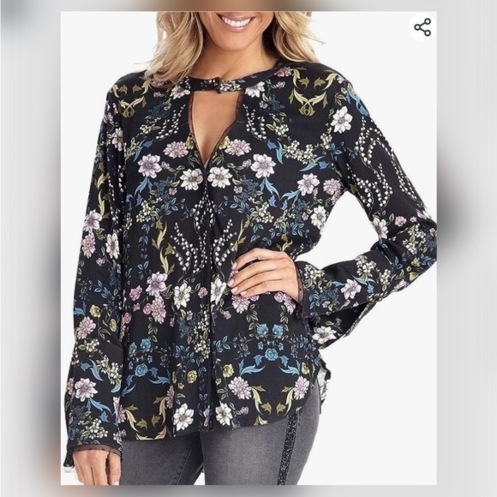 Democracy Womens Black Floral Long Sleeve Bell Cuff Choker Neck Button Up Small